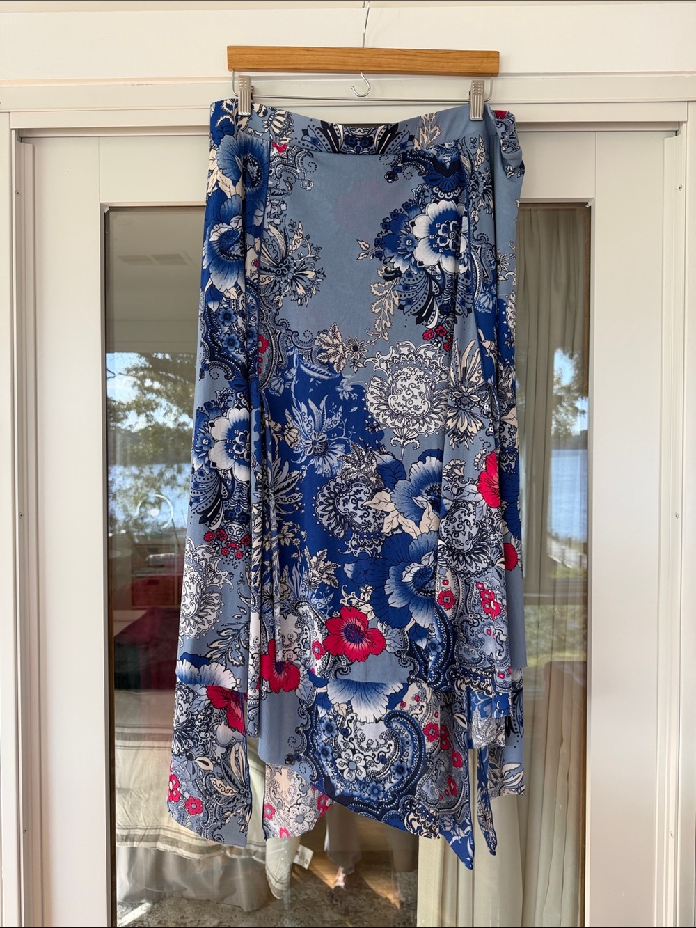 Chico's Blue, Gray and Pink Floral handkerchief hem Skirt